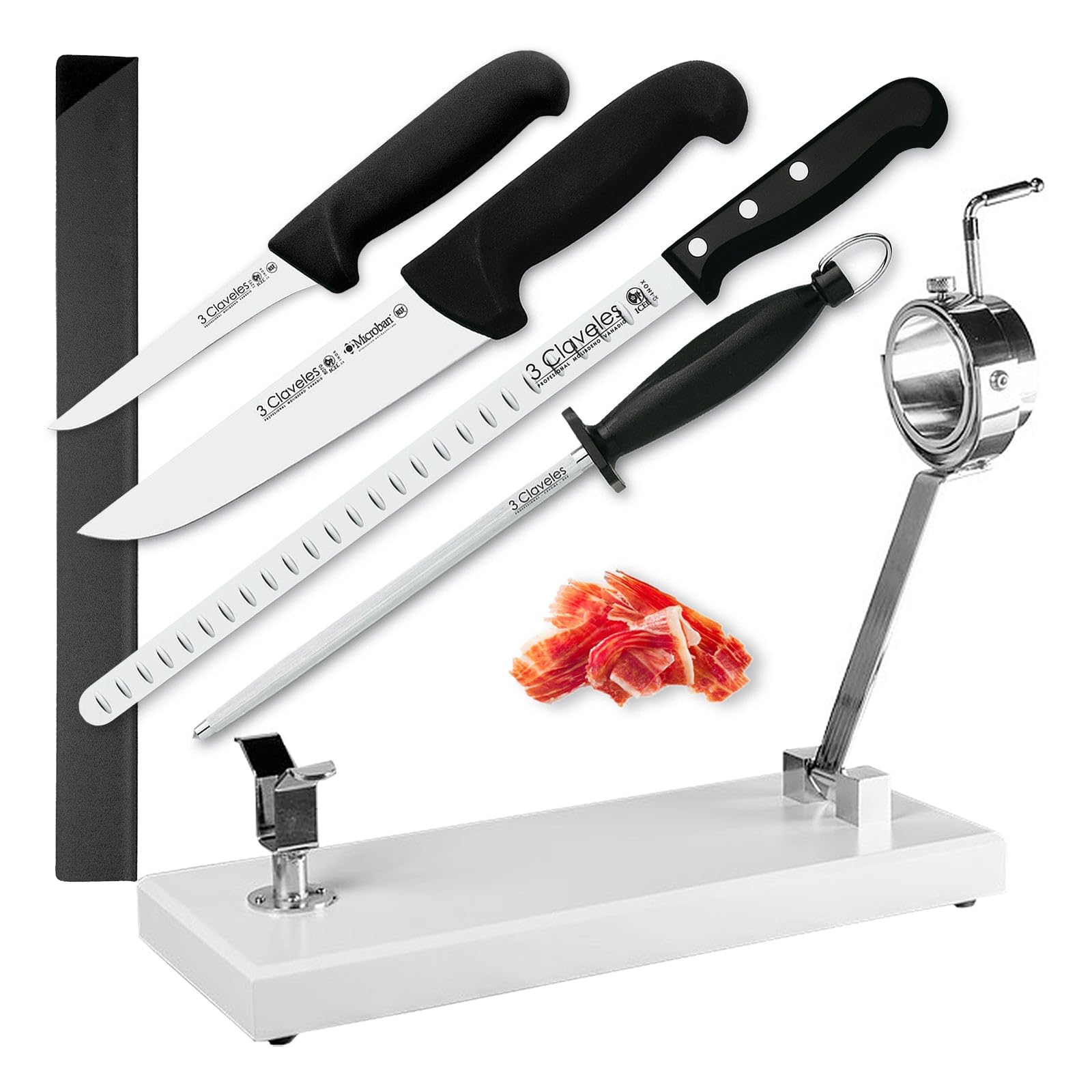 Juego Profesional de Soporte Jamonero Plegable en Acero Inoxidable y Cuchillos 3 Claveles, Funda y Chaira (DENALI Blanco)