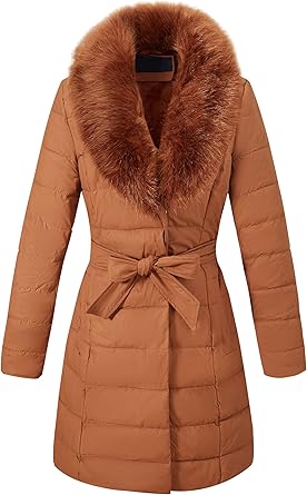Bellivera Womens Winter Puffer Jacket Cold-Resistant Patchwork Plush Lining Coat with Removable Fur Collar Hooded and Belted