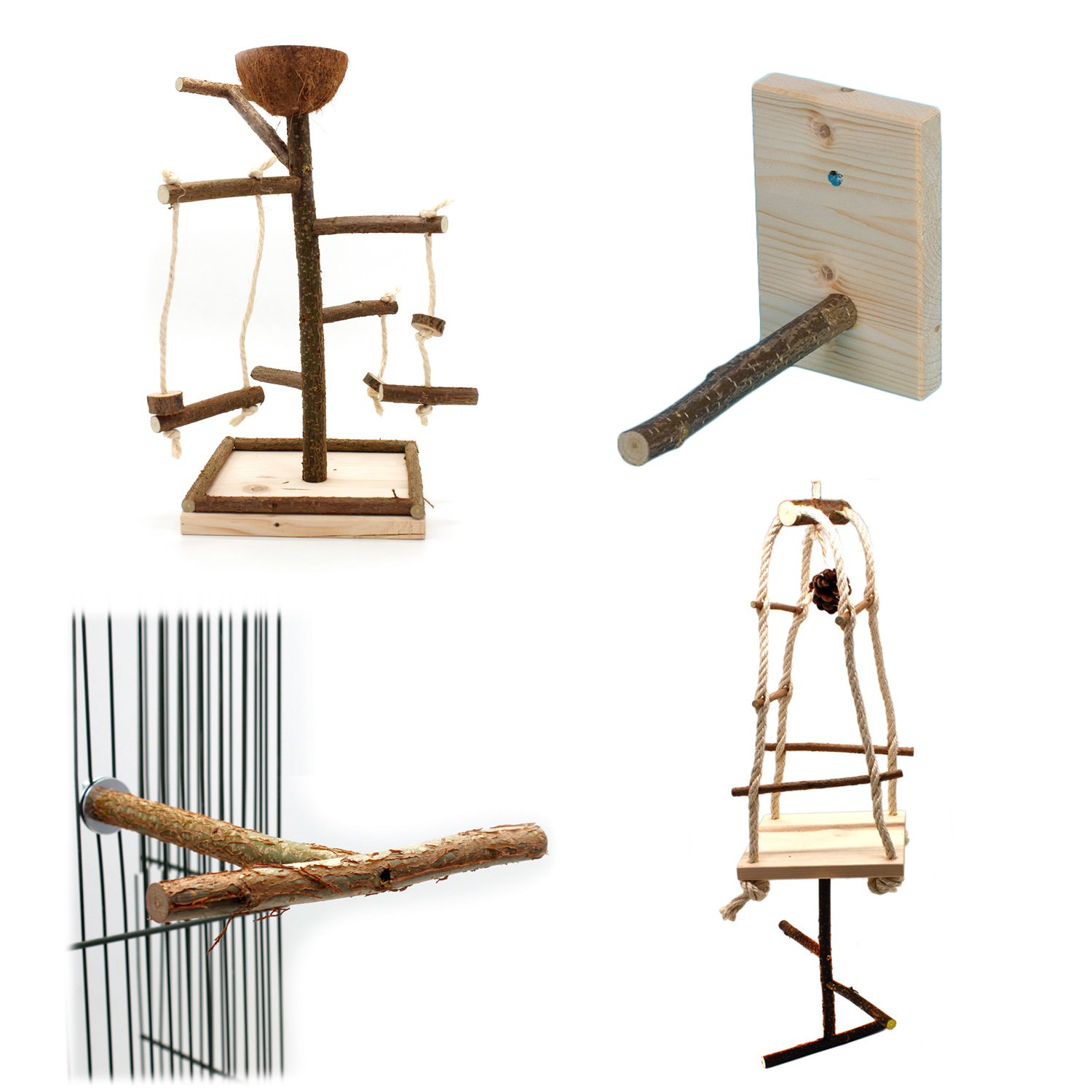 Vogelgaleria® Artgerechtes Wellensittich Spielzeug Set, 4X Vogelzubehör mit Vogelspielplatz, Sitzstangen Schaukel