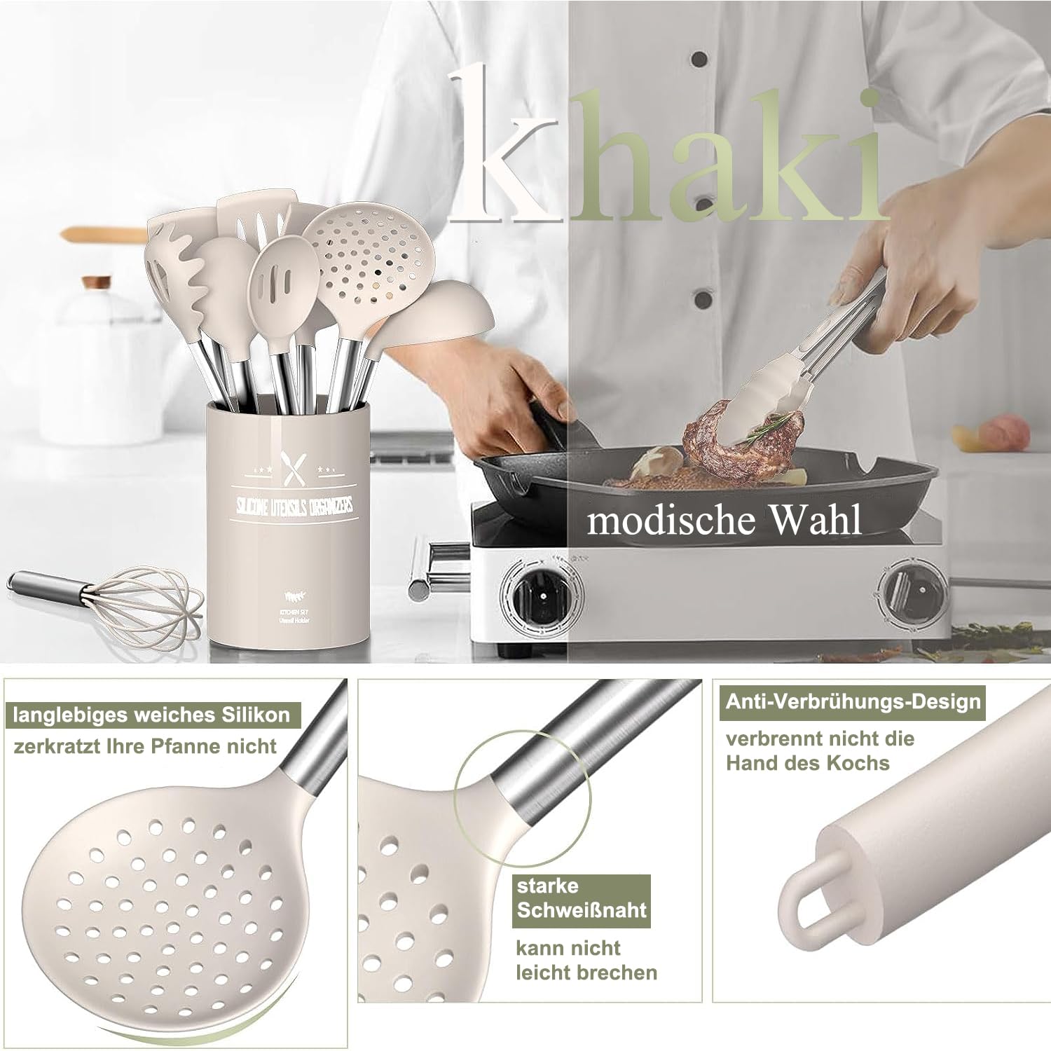 BenRich - Set di utensili da cucina in silicone, 11 pezzi, con manico in legno, spatola, manico