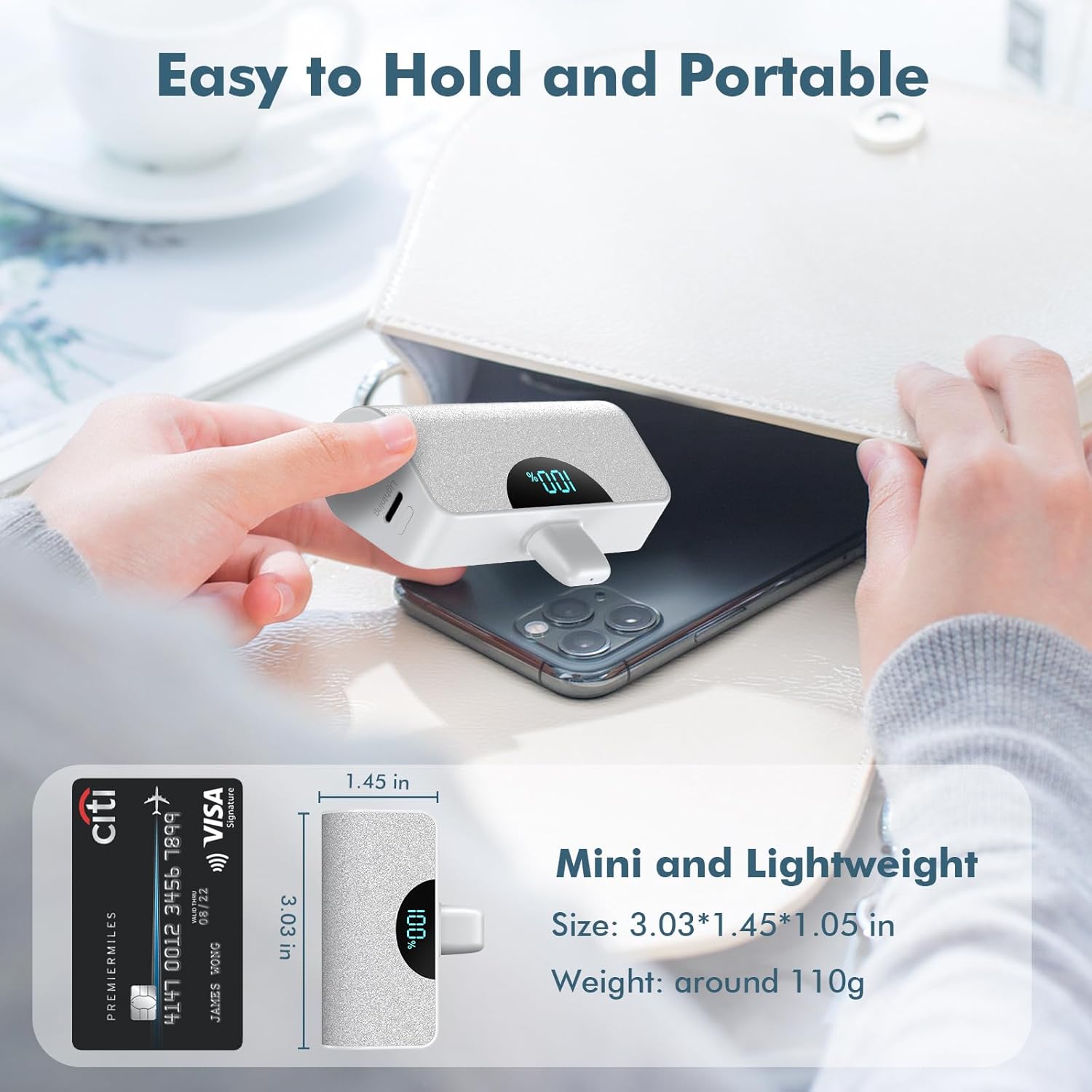 A hand holding the white portable charger next to a credit card, with dimensions 3.03 inches length, 1.45 inches width, and 1.05 inches thickness indicated. Text states 'Mini and Lightweight' and 'Weight: around 110g'.