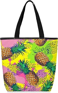 Sacolas de lona com zíper e bolso interno, bolsa de ombro feminina casual bolsa de mão com estampa de abacaxi aquarela, bolsas de compras reutilizáveis para cozinha, sacolas de lona para uso para livros, sacolas de compras, sacolas de presente, Multicor
