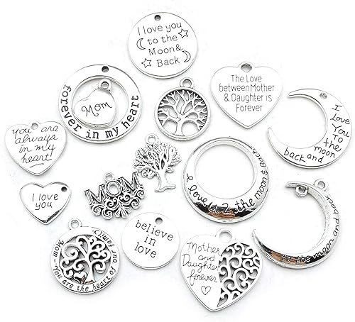 Miniatura 4 de Colección de dijes de palabras para mamá familiar, 32 piezas de suministros de manualidades, corazón y luna, palabras de amor, dijes para el día de