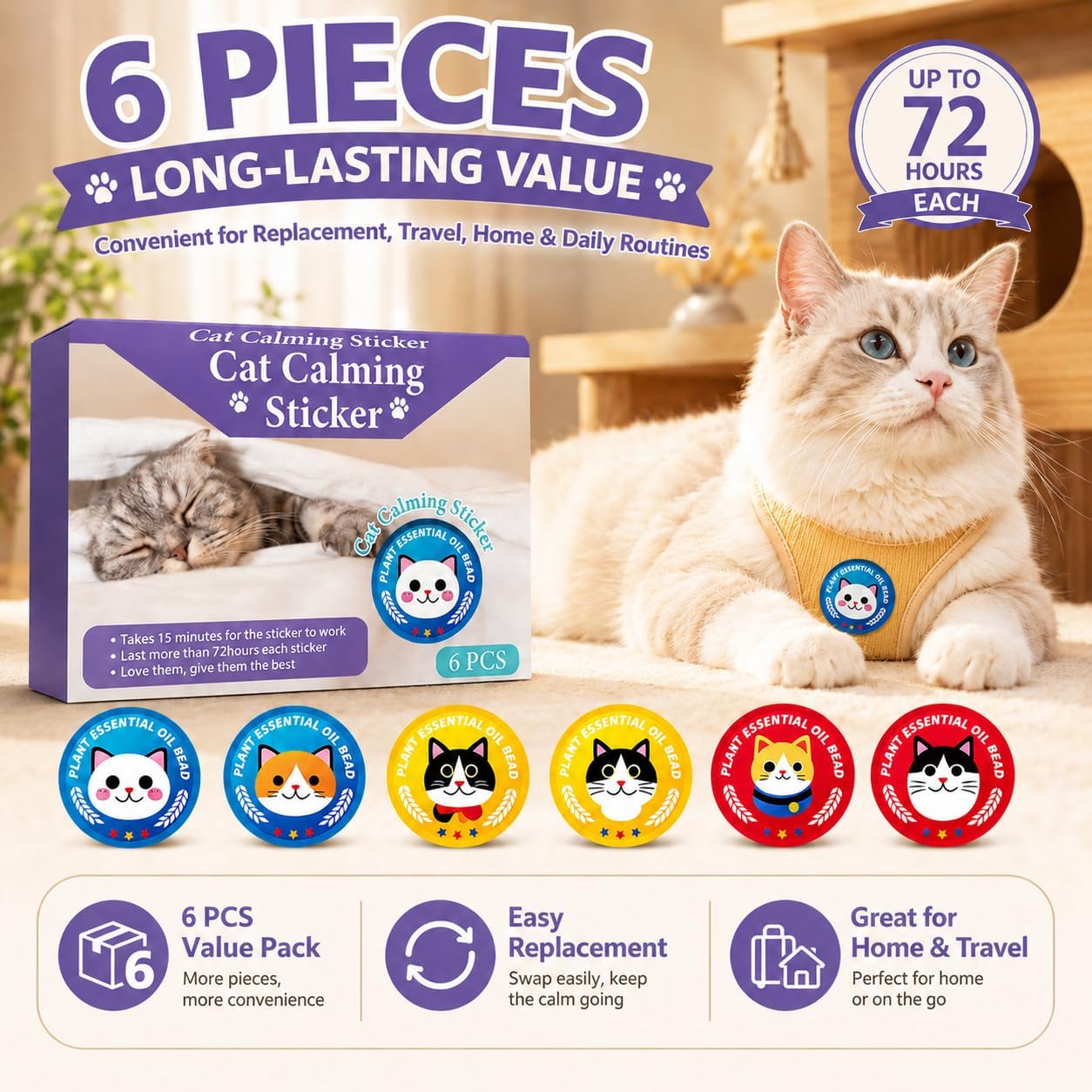 6 Pieces Cat Calming Stickers, Plant Essential Oil Pop Bead Patches for Cats, Adhesive Comfort Patches for Carrier, Car Travel, Vet Visits, Loud Noises, New Home and Daily Cat Care, Up to 72 Hours