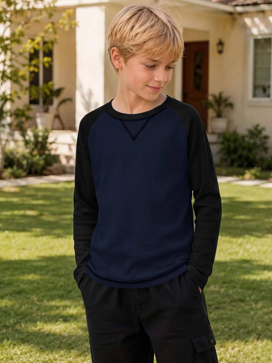 Cooraby 4 Pack Boys Waffle Long Sleeve T Shirts Crew Neck Thermal Winter Warm Tops Basic Tees Layer for Youth Kids
