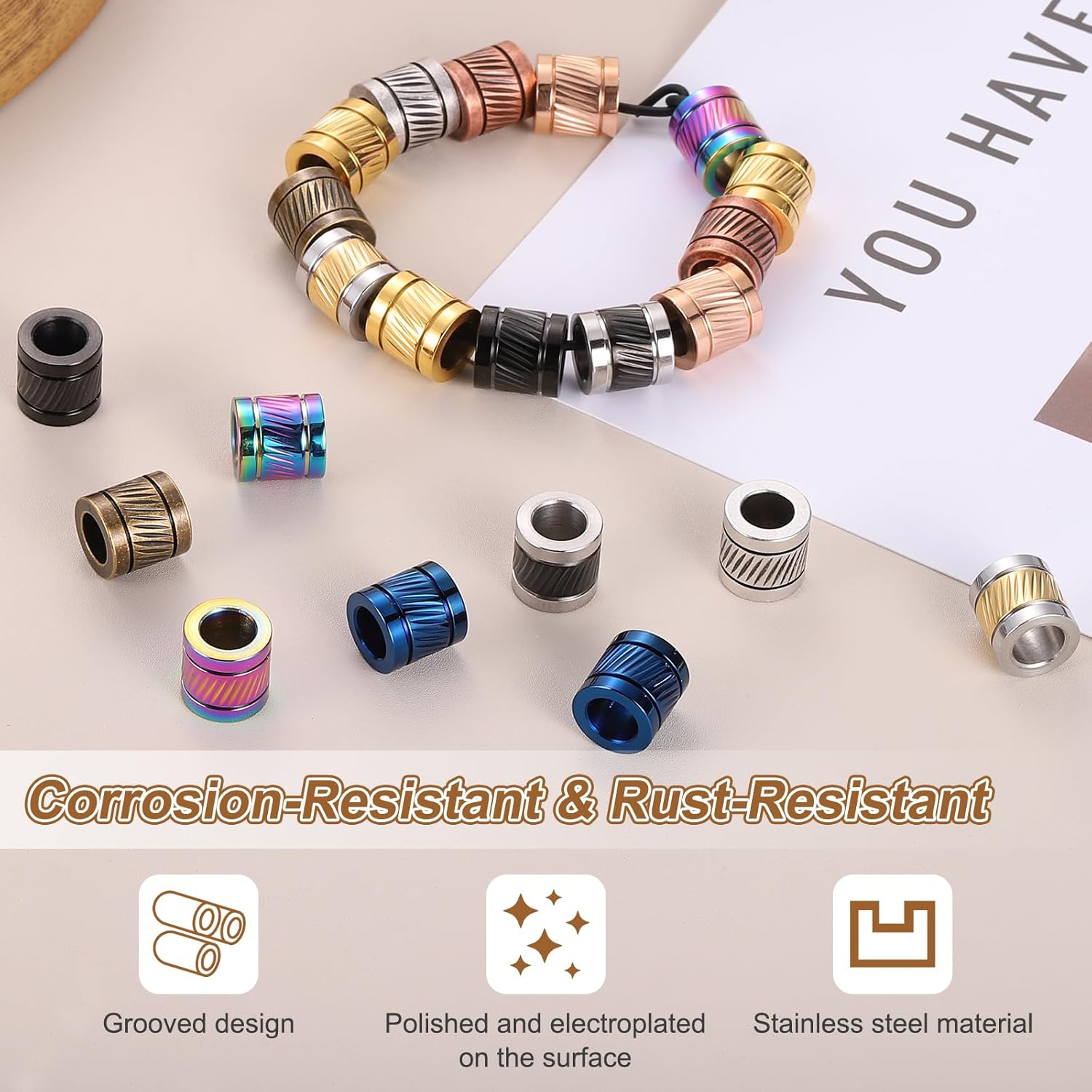 PATIKIL Stainless Steel Big Hole Colorful Paracord Column Beads 4pcs Grooved Tube Loose Column Spacer Beads 6mm Large Hole for DIY Bracelet Necklace Jewelry Making - Image 3