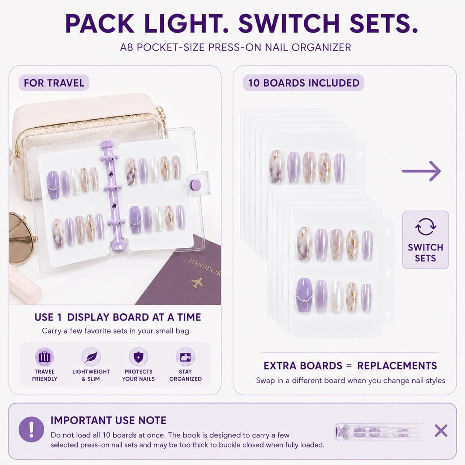 Mini Press-On Nail Storage Book for Travel, A8 Pocket-Size Portable Nail Organizer with 10 Replacement Display Boards, 32 Adhesive Strips, Clear PVC Pages, Silver image 4