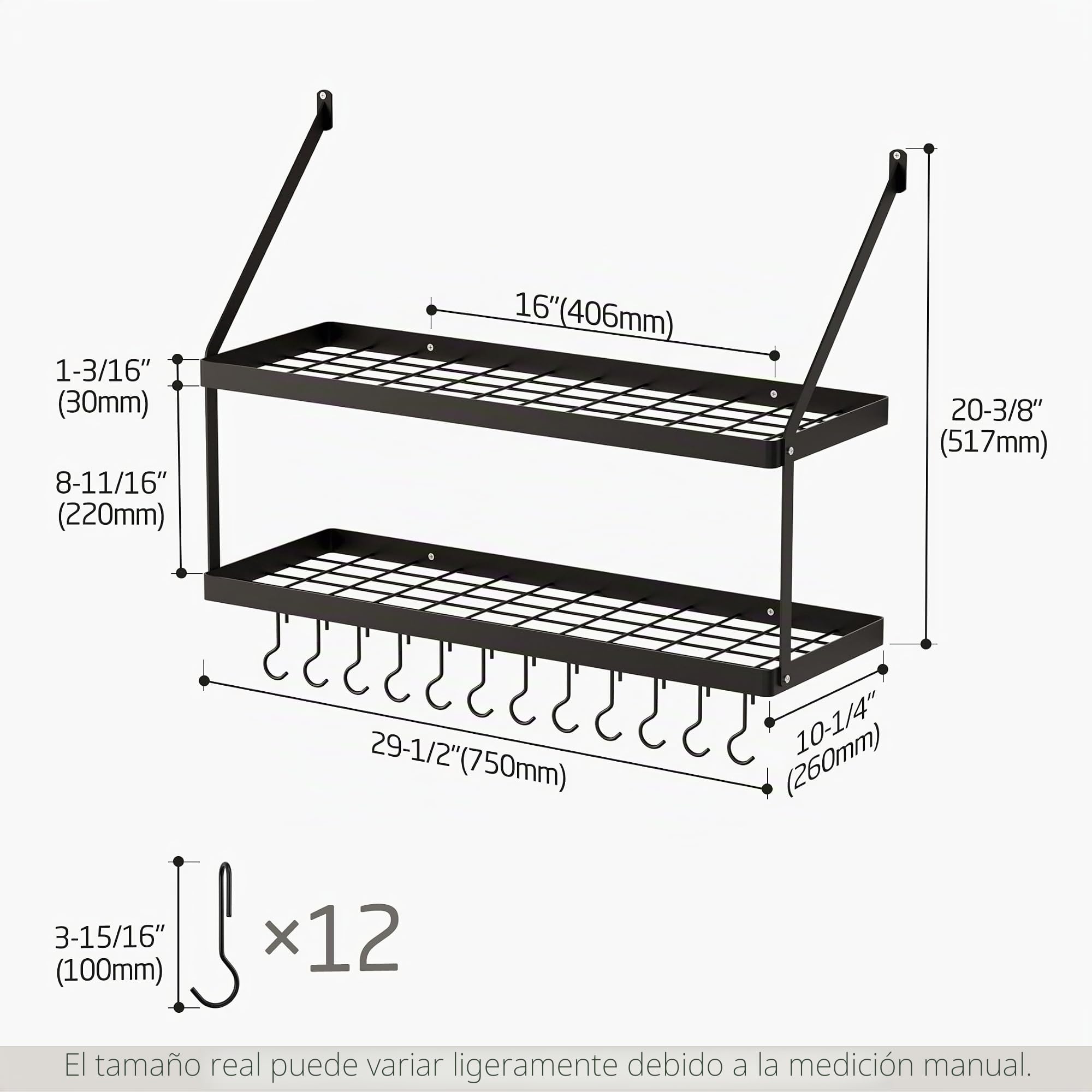 KES Estanteria Cocina para Ollas y Sartenes Estantes para Colgar con 12 Ganchos Almacenaje Organizador 2 Niveles 75CM Negro, KUR218S75B-BK