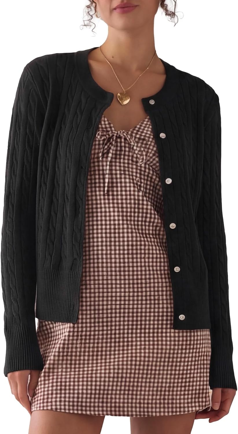 Darong Women's Long Sleeve Cable Knit Cardigan Sweater Fall Winter Open Front Button Up Outfits Fashion Clothes