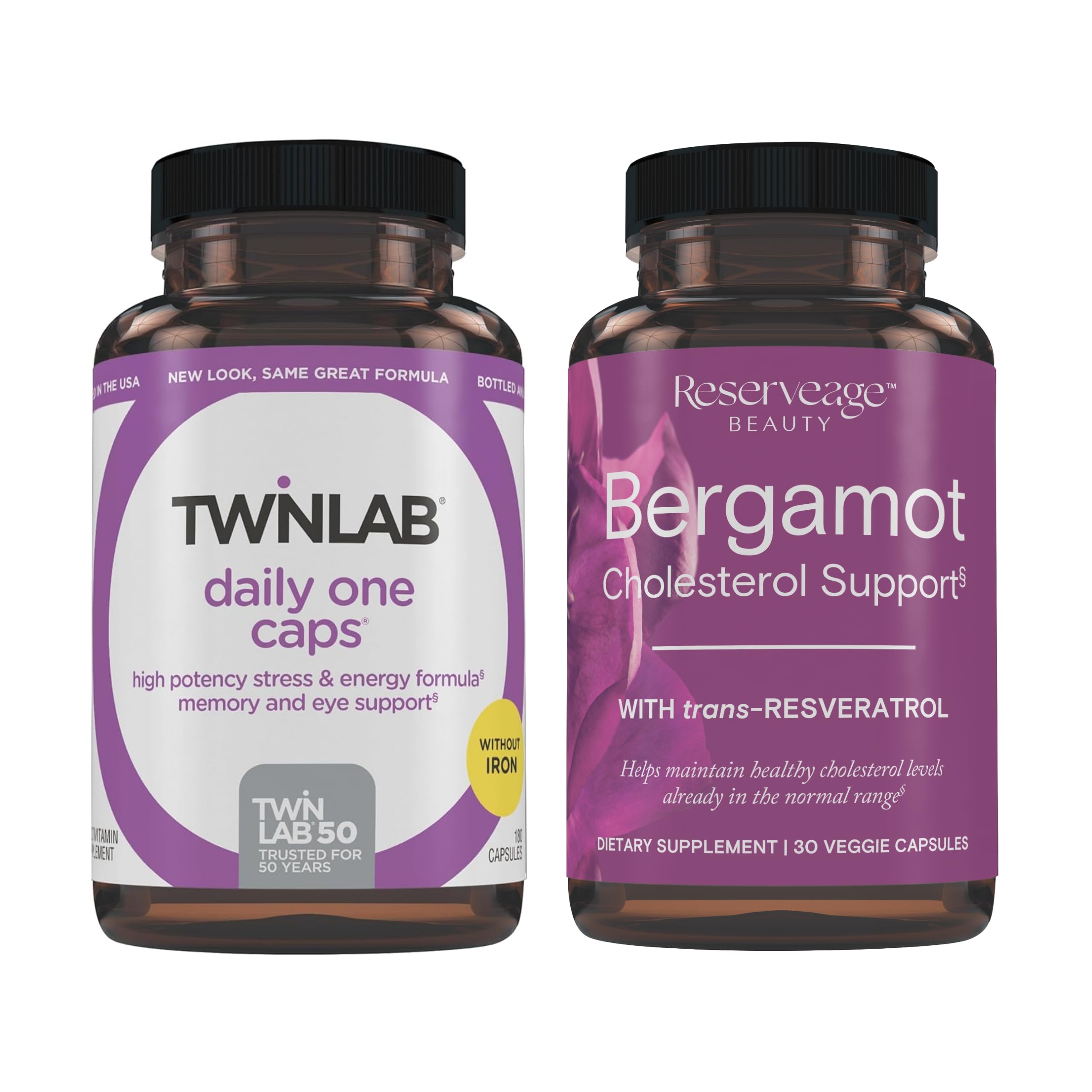 Reserveage NutritionBergamot Cholesterol Support with Resveratrol, Vegan, 30 Capsules & Twinlab Daily One Caps Without Iron - Nutritional Supplement with Zinc, B Vitamins, Magnesium - 180 Capsules