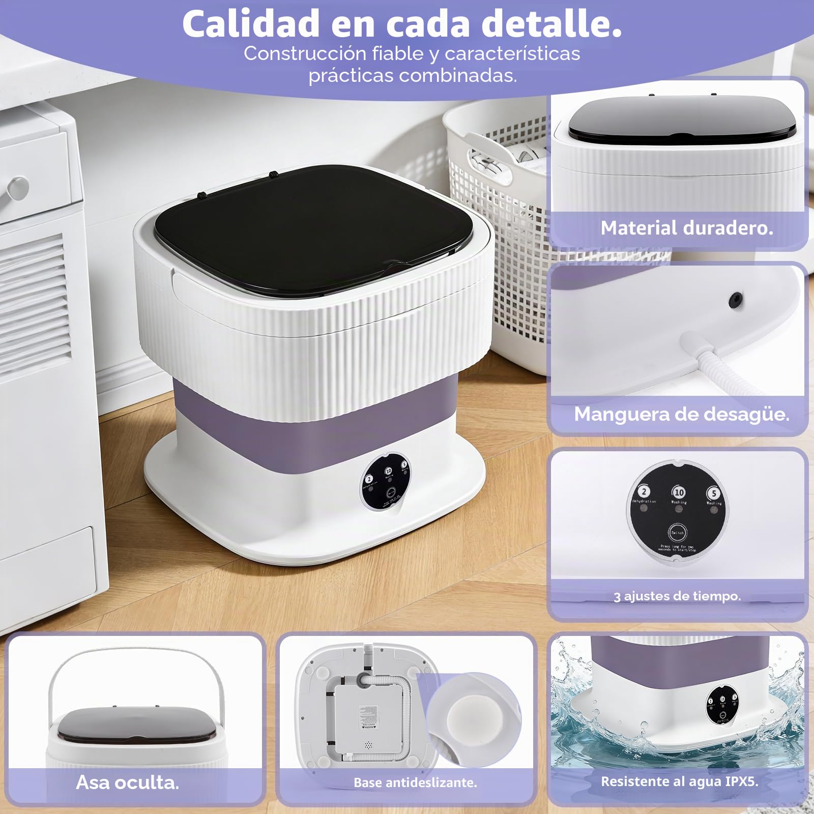 Mini Lavadora Portátil Plegable de 10L Lavadora Compacta, 3 Modos de Lavado | Cesta de Centrifugado Extraíble, Residencias de Estudiantes, Acampadas y Viajes