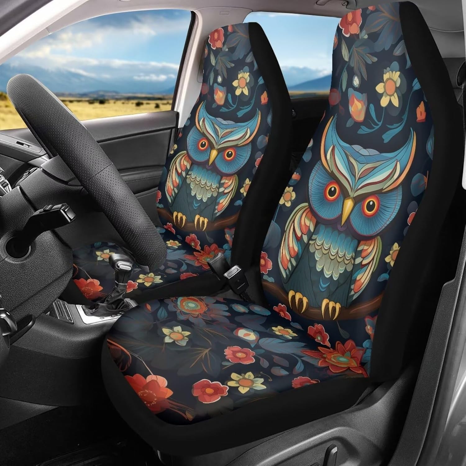 Owl Flower Printed Car Front Seat Covers, Waterproof Automotive Seat Protectors, Non Slip Car Seat Cushions Covers Auto Seat Covers for Front Seat Only Universal Fit Most Vehicles