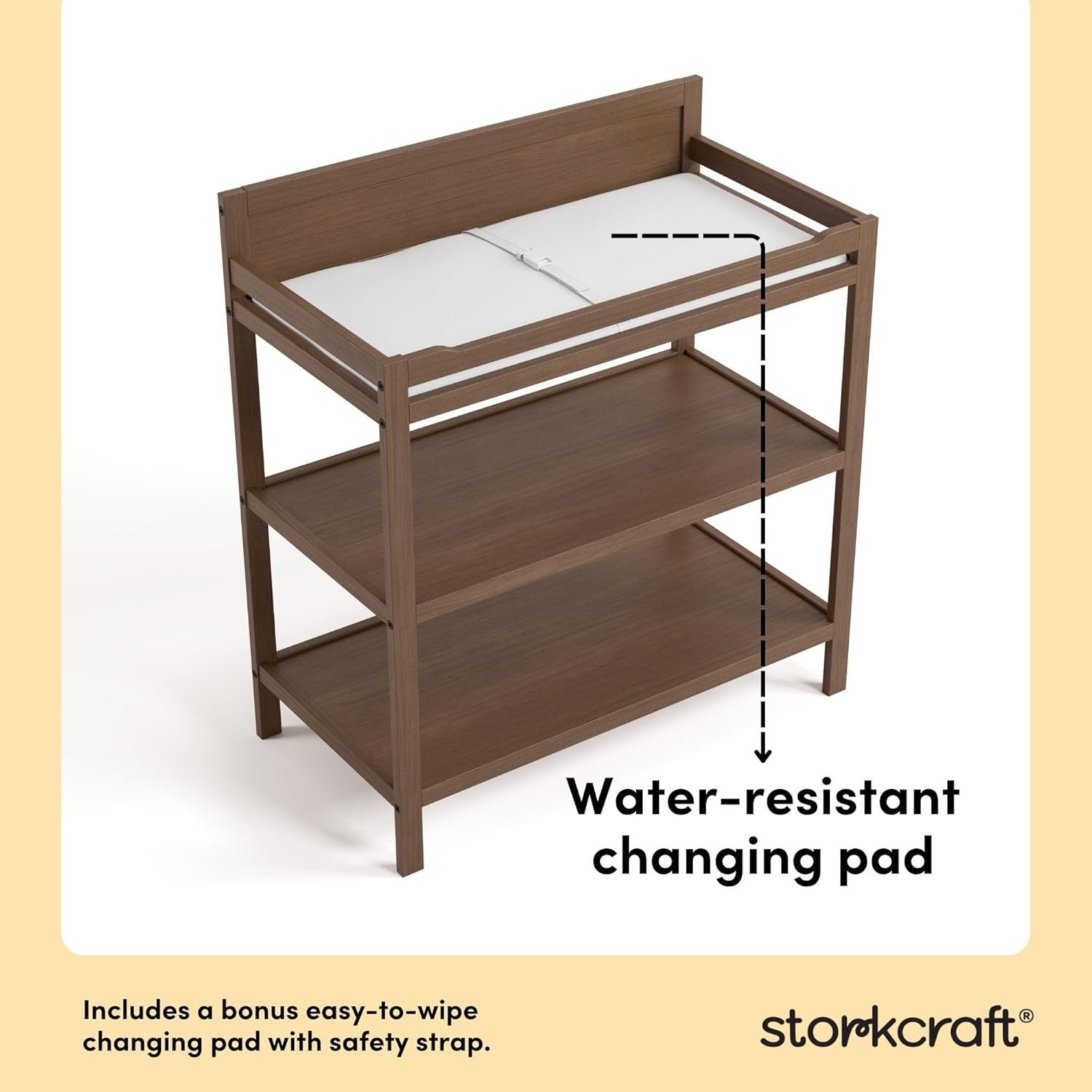 Storkcraft Alpine Changing Table (Hazelnut) - Includes Water Resistant Changing Pad with Safety Strap, 2 Open Shelves for Storage