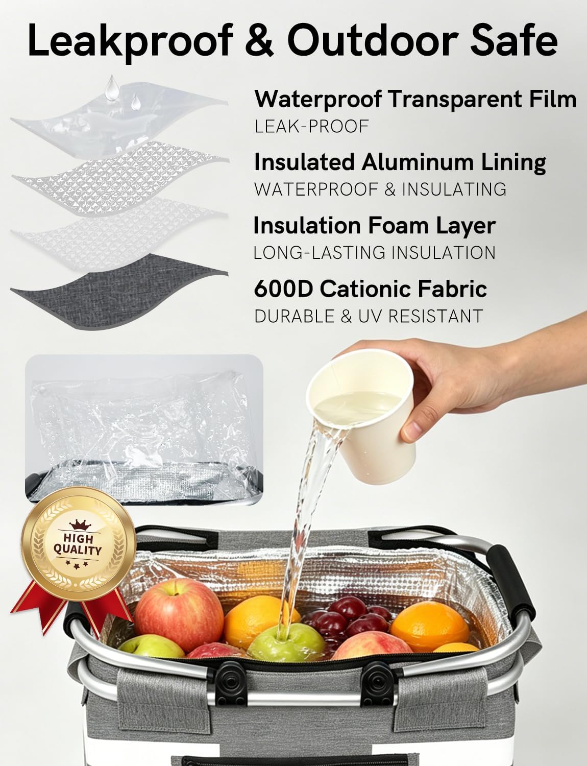 Insulated Picnic Basket,Leak-Proof Collapsible Cooler Bag,26L Grocery Basket with Lid,2 Sturdy Handles,Storage Basket for Picnic,Food Delivery,Take Outs,Market Shopping,Travel (Gray)