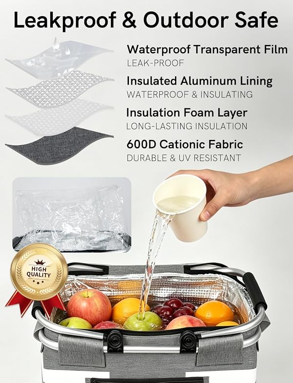 KEFOMOL Insulated Picnic Basket,Leak-Proof Collapsible Cooler Bag,26L Grocery Basket with Lid,2 Sturdy Handles,Storage Basket for Picnic,Food Delivery,Take Outs,Market Shopping,Travel (Gray) by KEFOMOL - Image 3