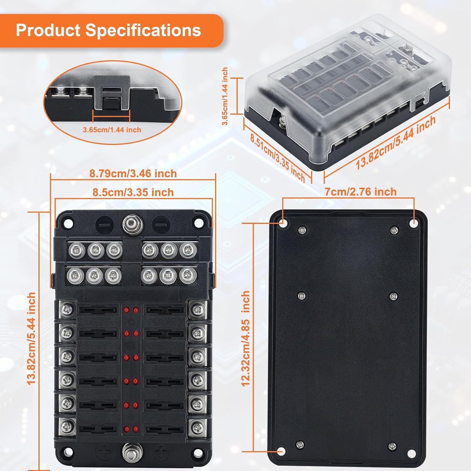 12 Way Fuse Block, 12V Marine Fuse Panel with LED Indicator, Waterproof Fuse Box for Cars, Boats, RV, Truck, Yachts, 24 Fuses (5A/10A/15A/20A) & Stickers Included