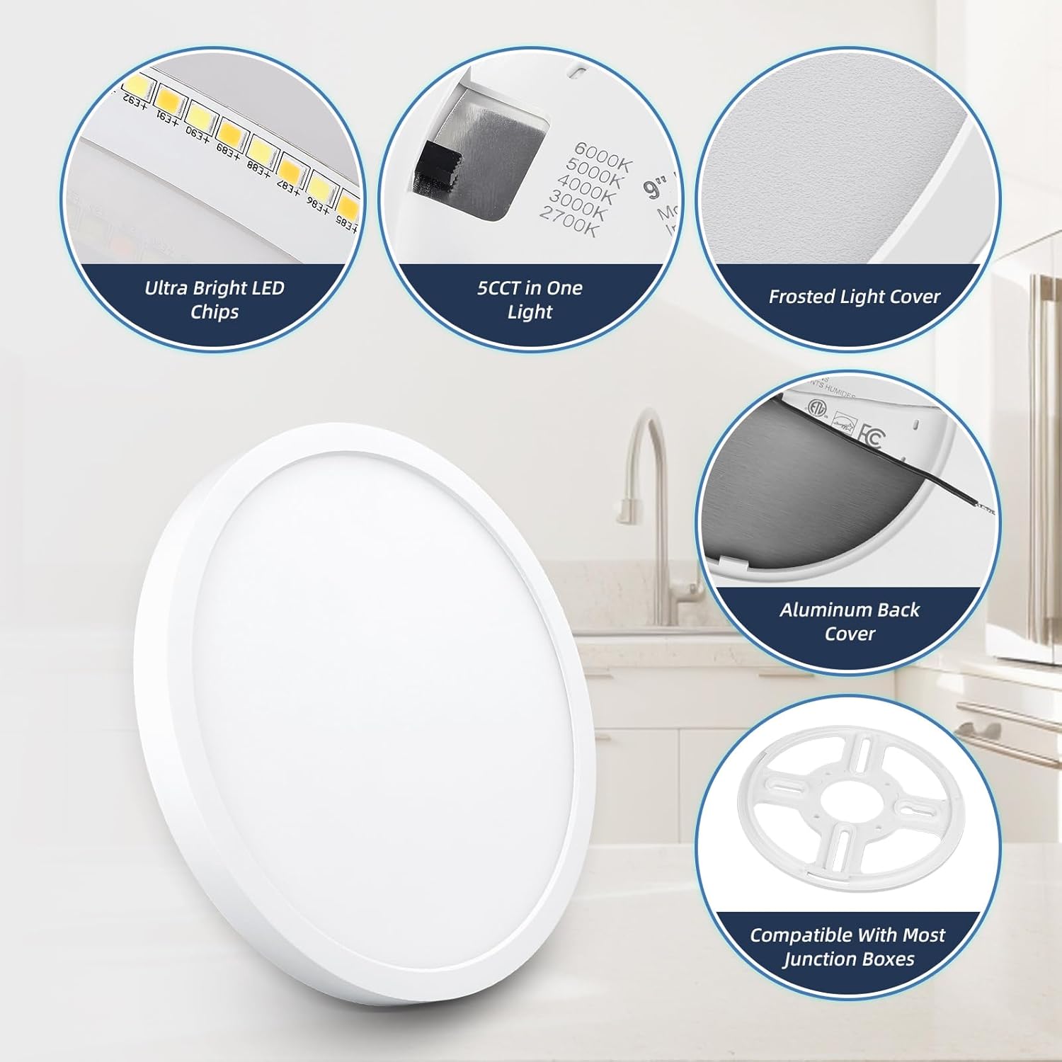 ECOELER 9“ Flush Mount Ceiling Light with 5CCT Selectable (2700K,3000K,4000K,5000K,6000K), 24W 1800Lm Dimmable Flat Ceiling Light Surface Mount for Kitchen, Hallway, Bedroom, 4Pack