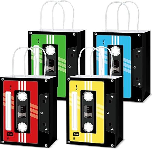 12 bolsas de regalo de papel con cinta de cassette de los años 70, 80, 90, suministros de fiesta temática retro, bolsas de regalo de papel retro,