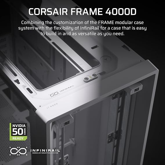 CORSAIR Frame 4000D Modular Middle Tower ATX PC Case – High Air Flow, InfiniRail™ Fan Mounting System, Dual 360mm Radiator Support, ASUS BTF, MSI Project Zero, Gigabyte Project Stealth – White