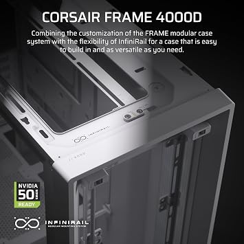CORSAIR Frame 4000D Modular Middle Tower ATX PC Case – High Air Flow, InfiniRail™ Fan Mounting System, Dual 360mm Radiator Support, ASUS BTF, MSI Project Zero, Gigabyte Project Stealth – White