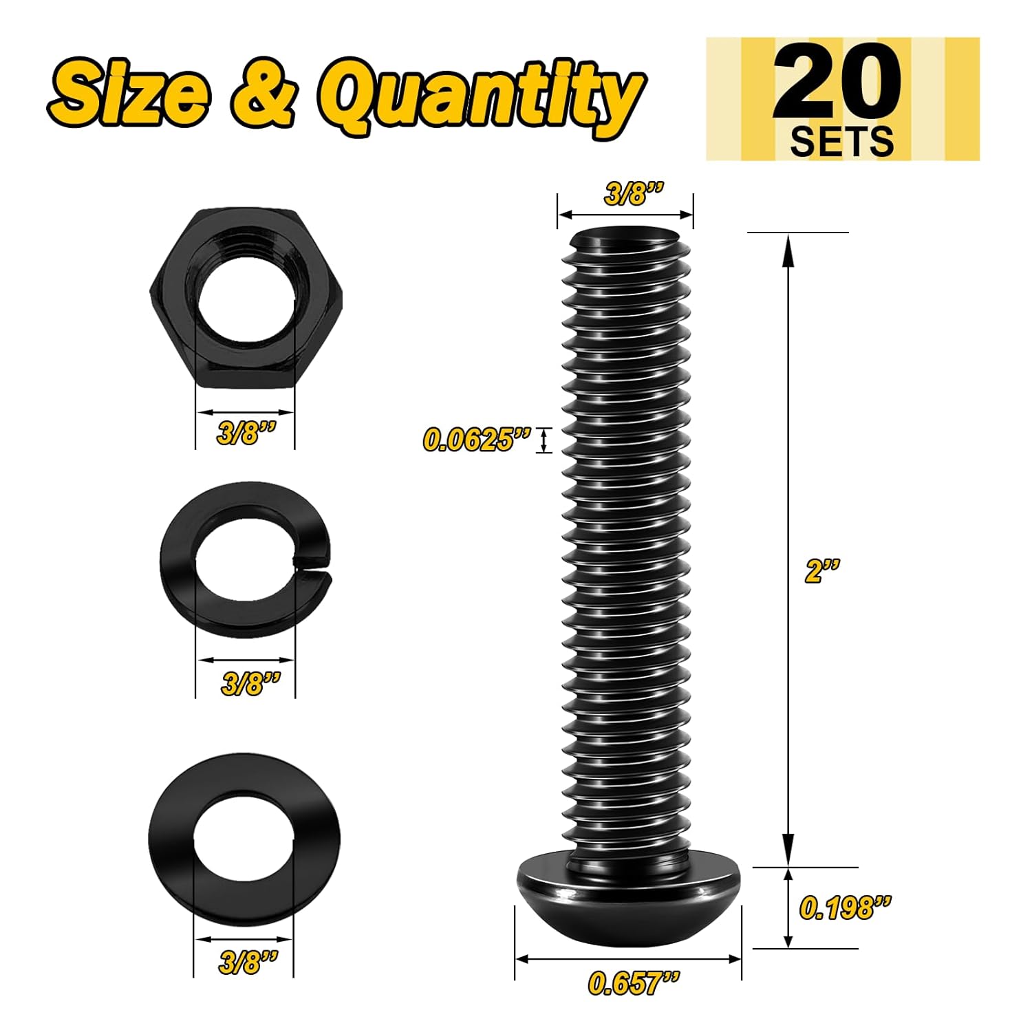 (20Sets) 3/8-16 Bolt x 2" Button Head Socket Cap Bolts Screws, Black Oxide 304 Stainless Steel Nuts and Bolts, 18-8 Allen Screws, Nuts and Bolts Assortment Kit, Hex Spanner by Mywish