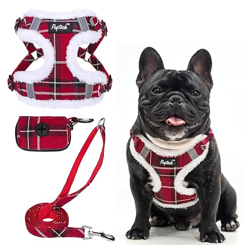 PUPTECK Dog Harness and Leash Set Medium Sized, Step in No Pull Adjustable Puppy Cat Harness Reflective Pet Vest - L (25-33lbs, Chest 20"-25") - #3 Red(Plush Plaid)