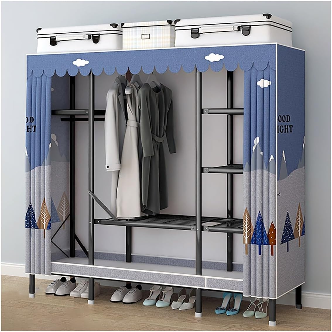Portable Closet Wardrobe for Hanging Clothes with 6 Storage Shelves and 2 Hanging Rods Free Standing Closet Clothes Organizer for Bedroom, Sturdy and Easy Assemble (Color : C, Size : 148x4