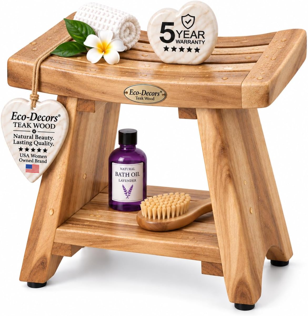EcoDecors 18" Teak Shower Bench with Shelf, 300 lb Capacity, Shower Stool