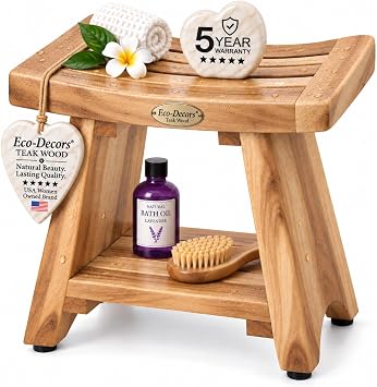 EcoDecors 18 Teak Shower Bench with Shelf, Solid Teak Wood Shower Stool