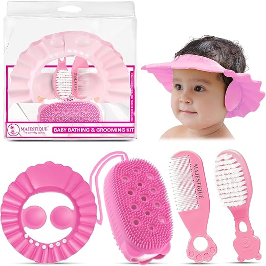 Majestique Baby Grooming & Bath Kit | 4Pcs Set – Soft Brush, Comb, Bathing Cap & Sponge | Newborn to 5 Years | Baby Bath Essentials for Boys & Girls | Travel Pouch Included (Color May Vary)