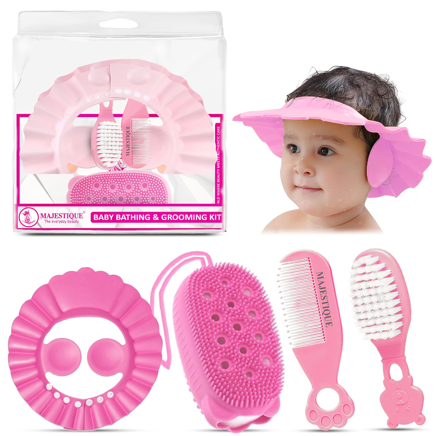 Majestique Baby Grooming & Bath Kit | 4Pcs Set – Soft Brush, Comb, Bathing Cap & Sponge | Newborn to 5 Years | Baby Bath Essentials for Boys & Girls | Travel Pouch Included (Color May Vary)-picture-29