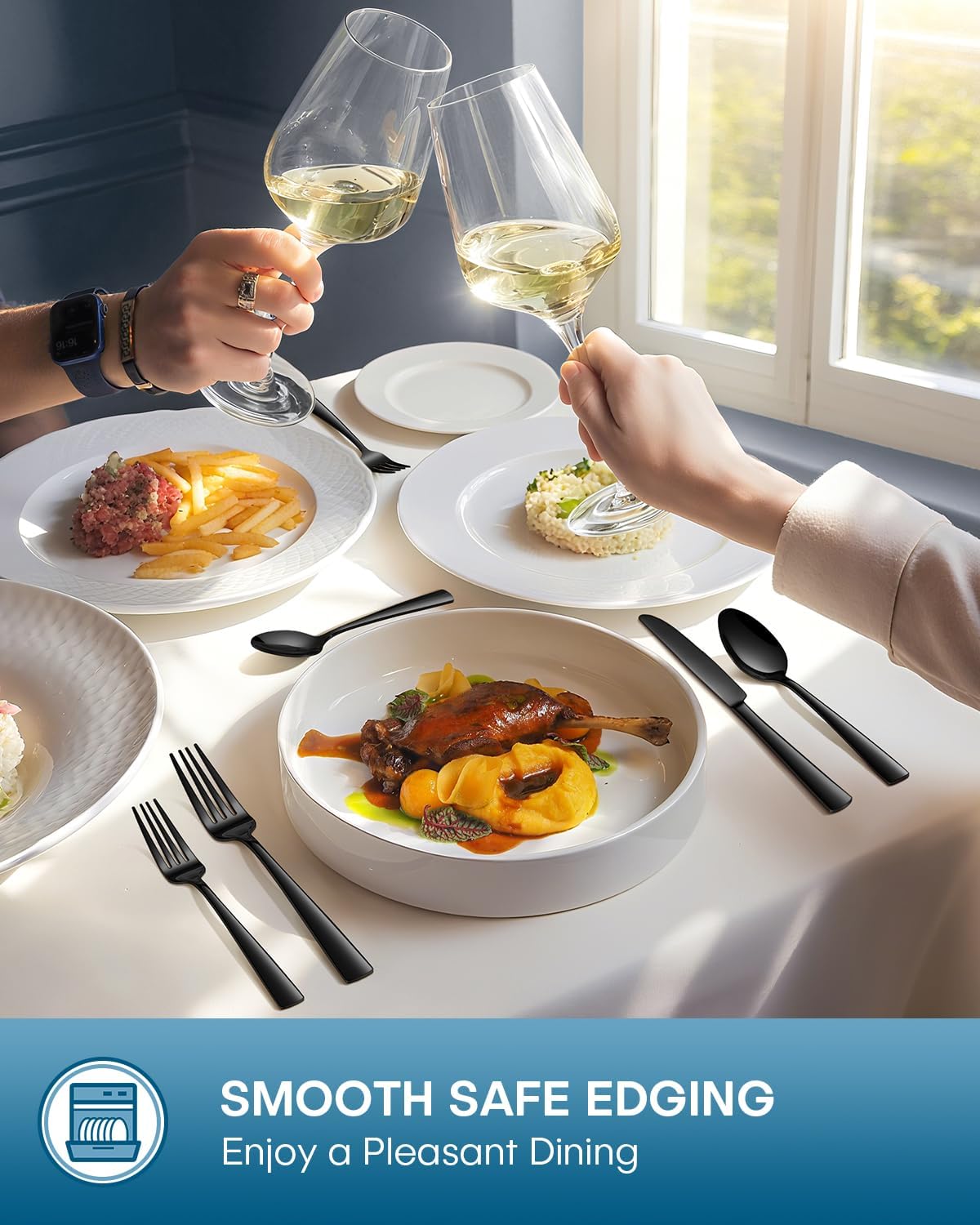 Stapava 48 Pcs Black Silverware Set with Steak Knives, Food-Grade Stainless Steel Flatware Set for 8 Mirror Polished Cutlery Utensil Sets Include Forks Spoons and Knives Set Dishwasher Safe