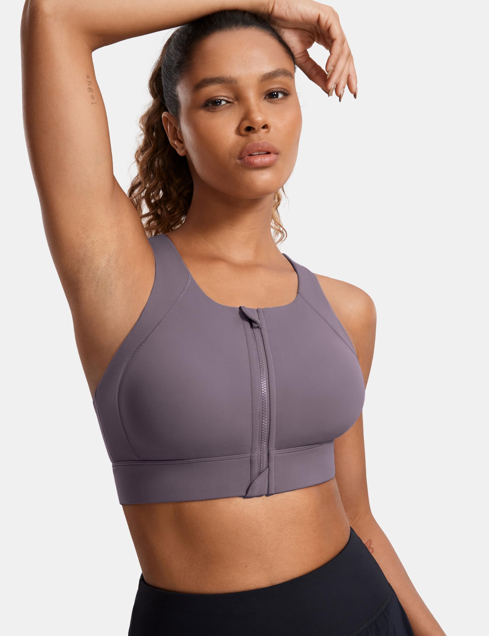 SYROKAN Biustonosz sportowy Criss Cross Back High Neck High Impact Zip Front Wireless Bras z podparciem i podnoszeniem