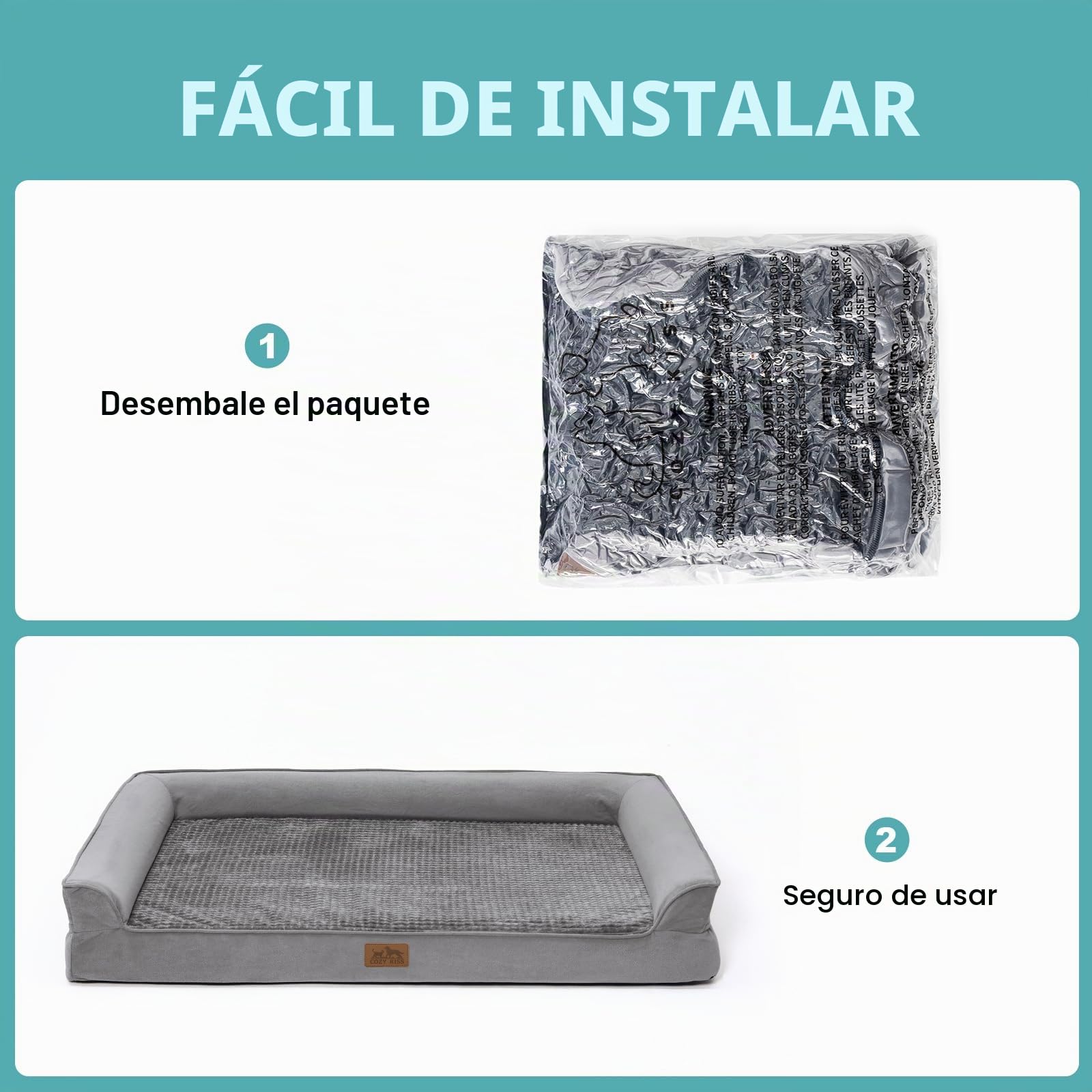 COZY KISS Sofá Perro Ortopédica Grande - Cama Perro Desenfundable y Lavable (Gris-U-Type, L(107 * 76 * 19CM))