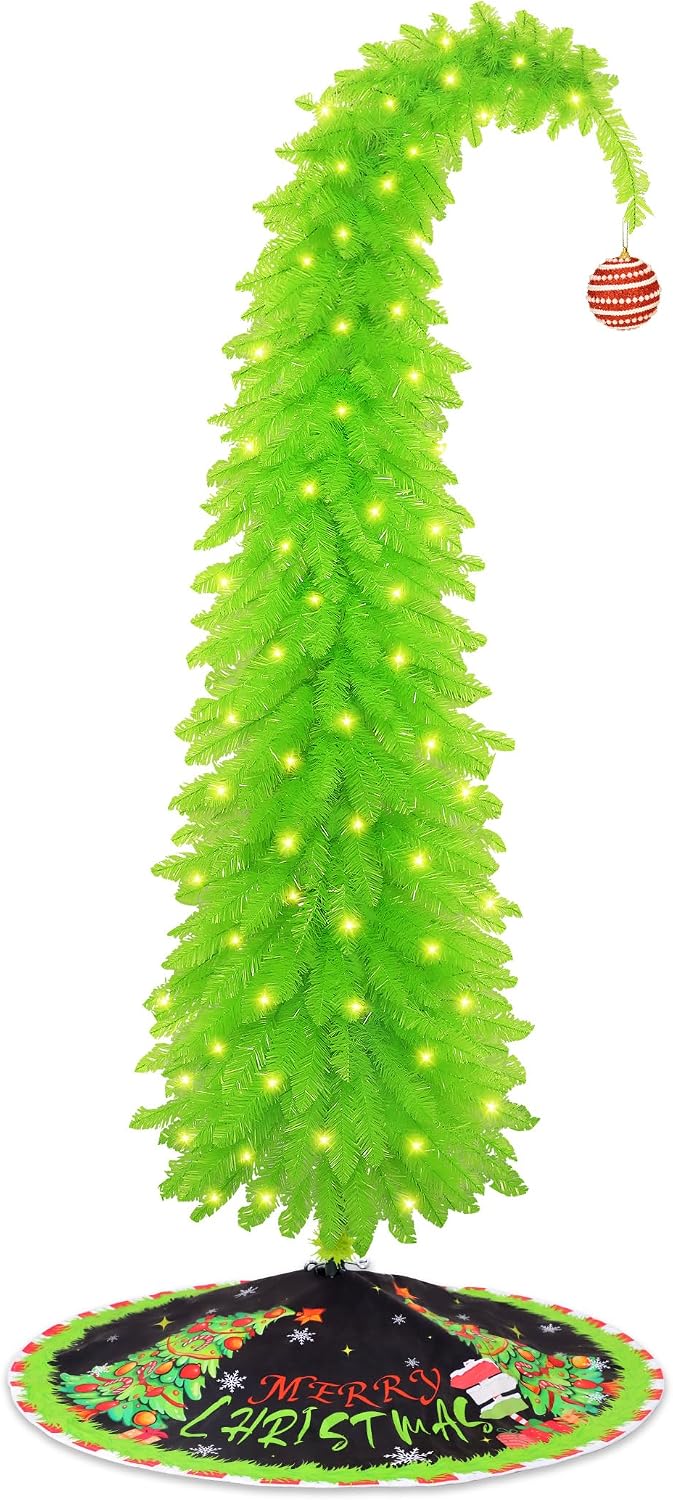 6FT Christmas Tree, Whimsical Pencil Christmas Tree Skirt & Red Ball Decor