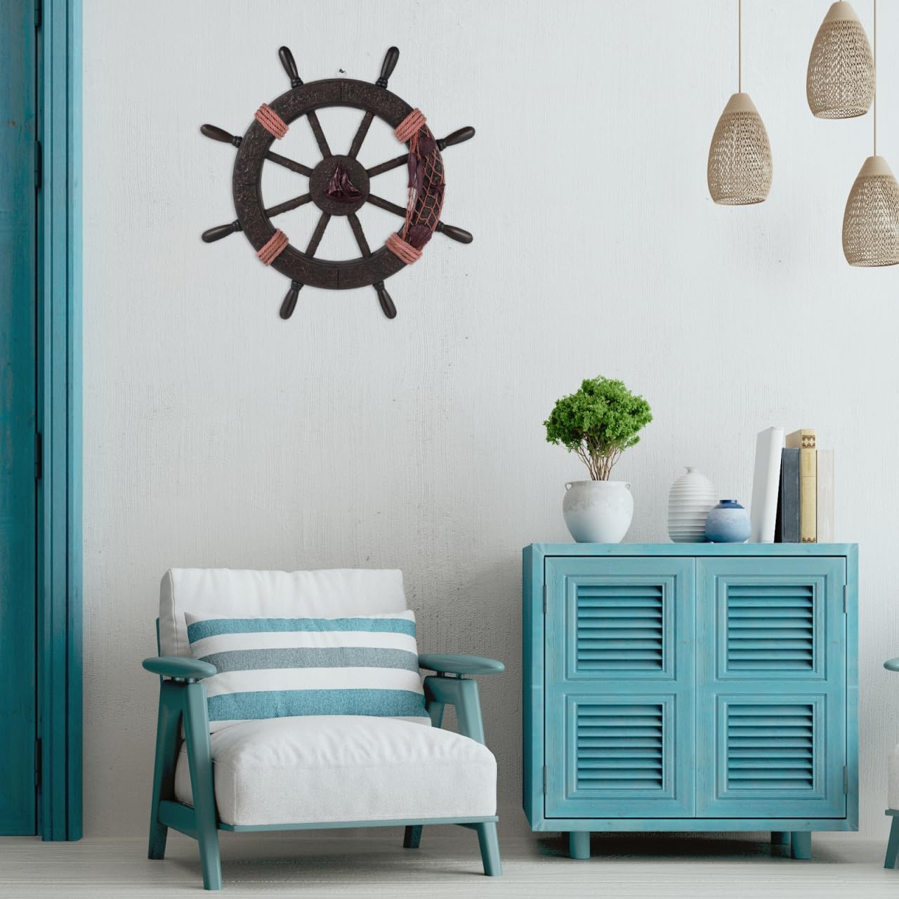 TOYANDONA Nautical Wall Decor - 17 Inch Nautical Ship Wheel Wooden Boat Steering Wheel Wall Decor with Fishing Net Shell Fish for Home Decoration Rudder Hanging Ornament