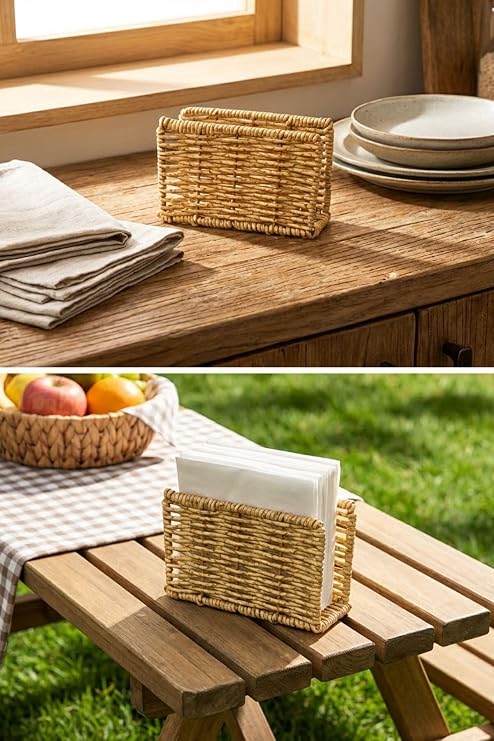 BUFFER Dekoratif Dikdörtgen Peçetelik, Doğal Hasır Dokulu Plastik Rattan, Masaüstü Peçete Standı, 15x9x5.5 cm