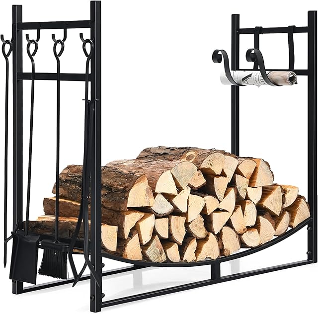 COSTWAY 30/36 Inch Fireplace Log Rack with 4 Tools, Iron Fireside Companion Set Firewood Holders with Tong, Brush, Shovel and Poker, Indoor Outdoor Wood Lumber Storage Stacking (90x33x77cm)