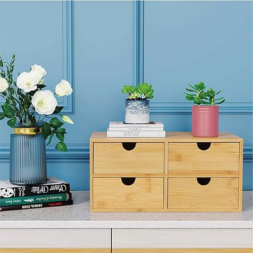Miniatura 7 de Organizador de escritorio de bambú con 4 cajones, caja de almacenamiento de encimera para maquillaje, suministros de oficina y artículos esenciales
