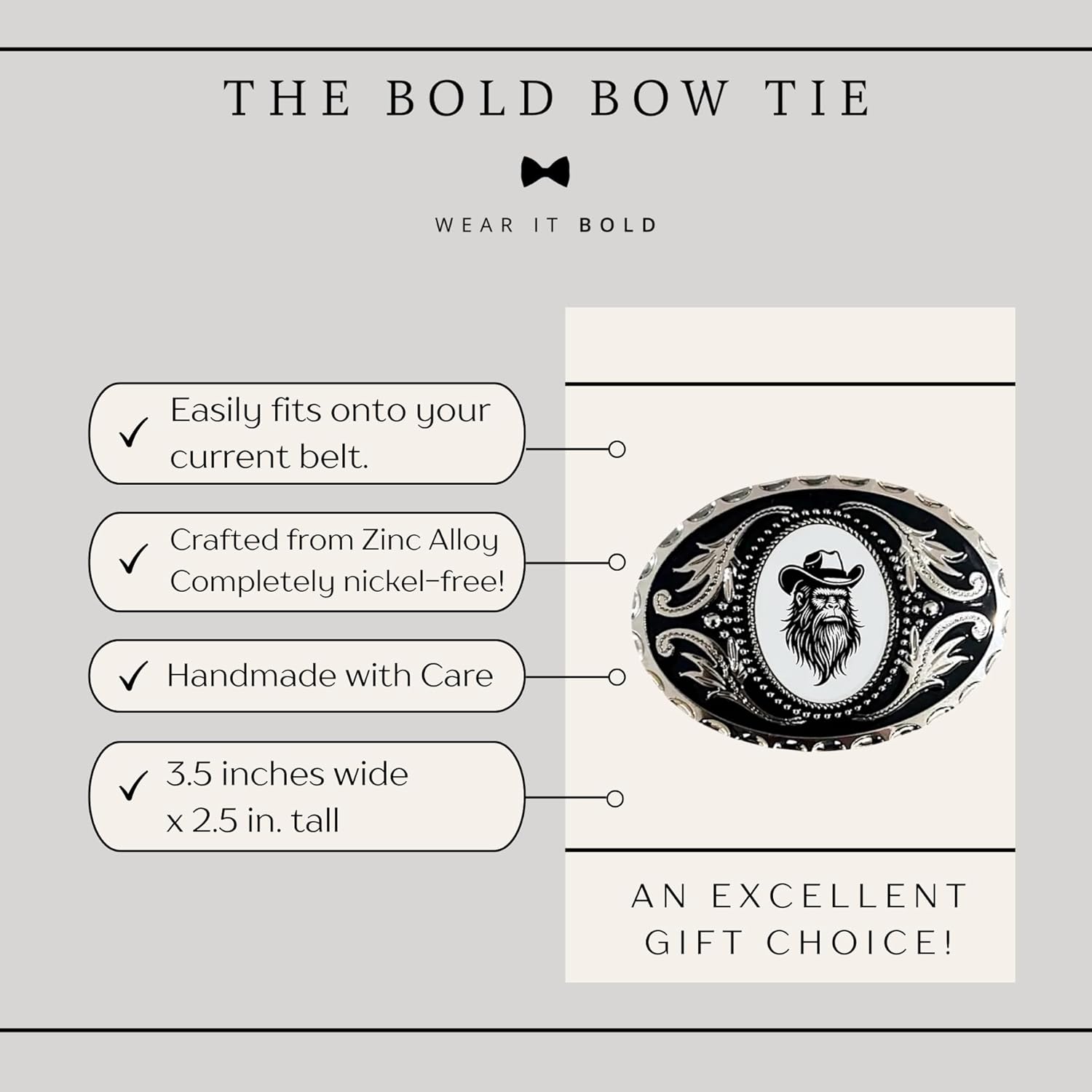 The Bold Bow Tie Belt Buckle with Bigfoot Cowboy Hat, Funny Western Style Oval Black and Silver, Western Wear for Cowboy Accoessory Country Gift - Image 4