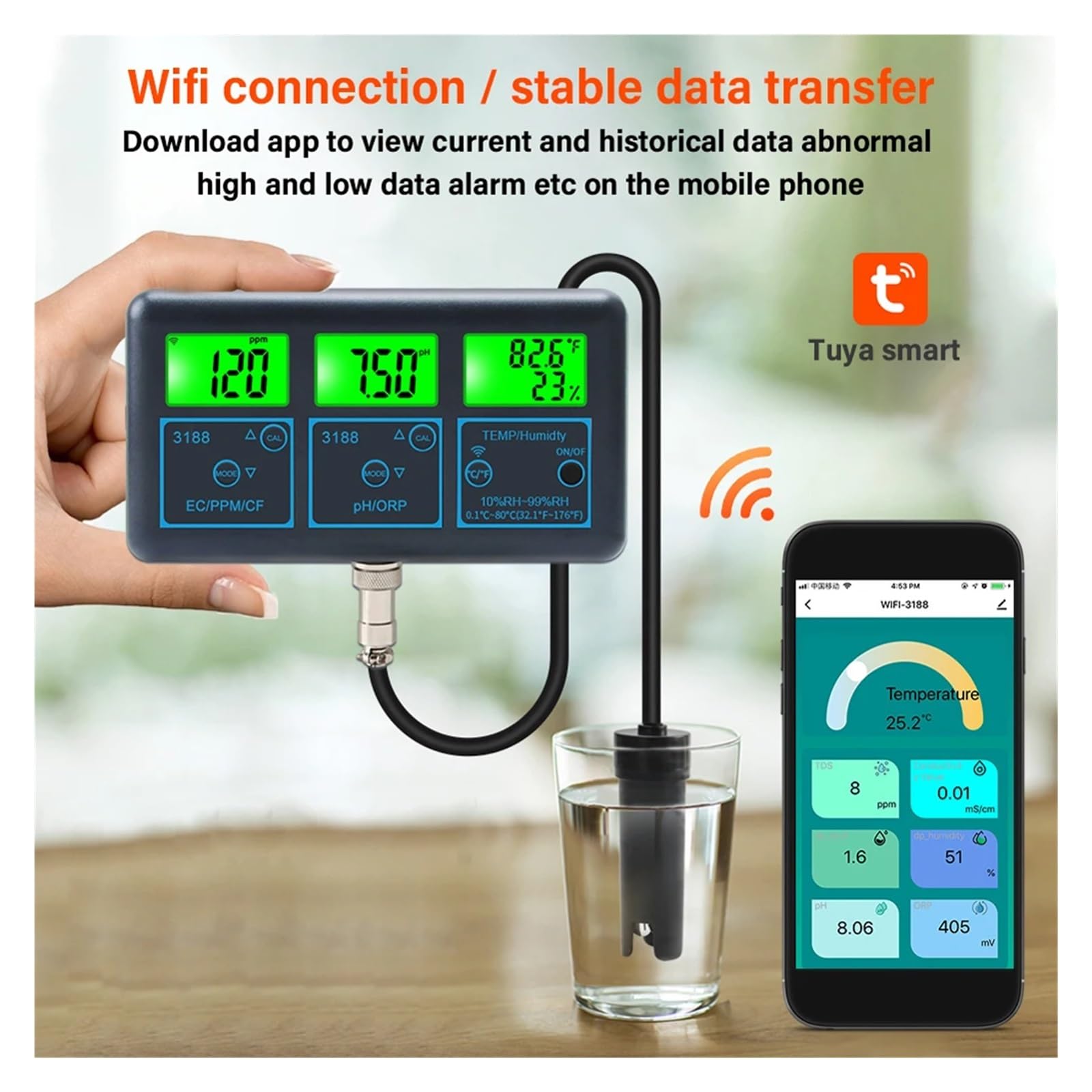 Tuya WiFi 7in1/8in1 Testeur De Qualité De l'eau PH/ORP/EC/PPM/CF/humidité/température Analyseur d'eau Piscine D'aquaculture Mesure PréCise(7 in 1)