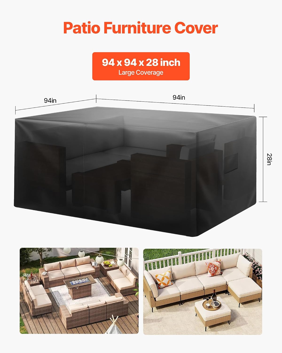 VEVOR Patio Furniture Cover, 420D Heavy Duty Waterproof Outdoor Dining Table and Chairs Cover, Large Squre Patio Table Covers with Air Vent for All Weather, 94L x 94W x 28H inch, Black