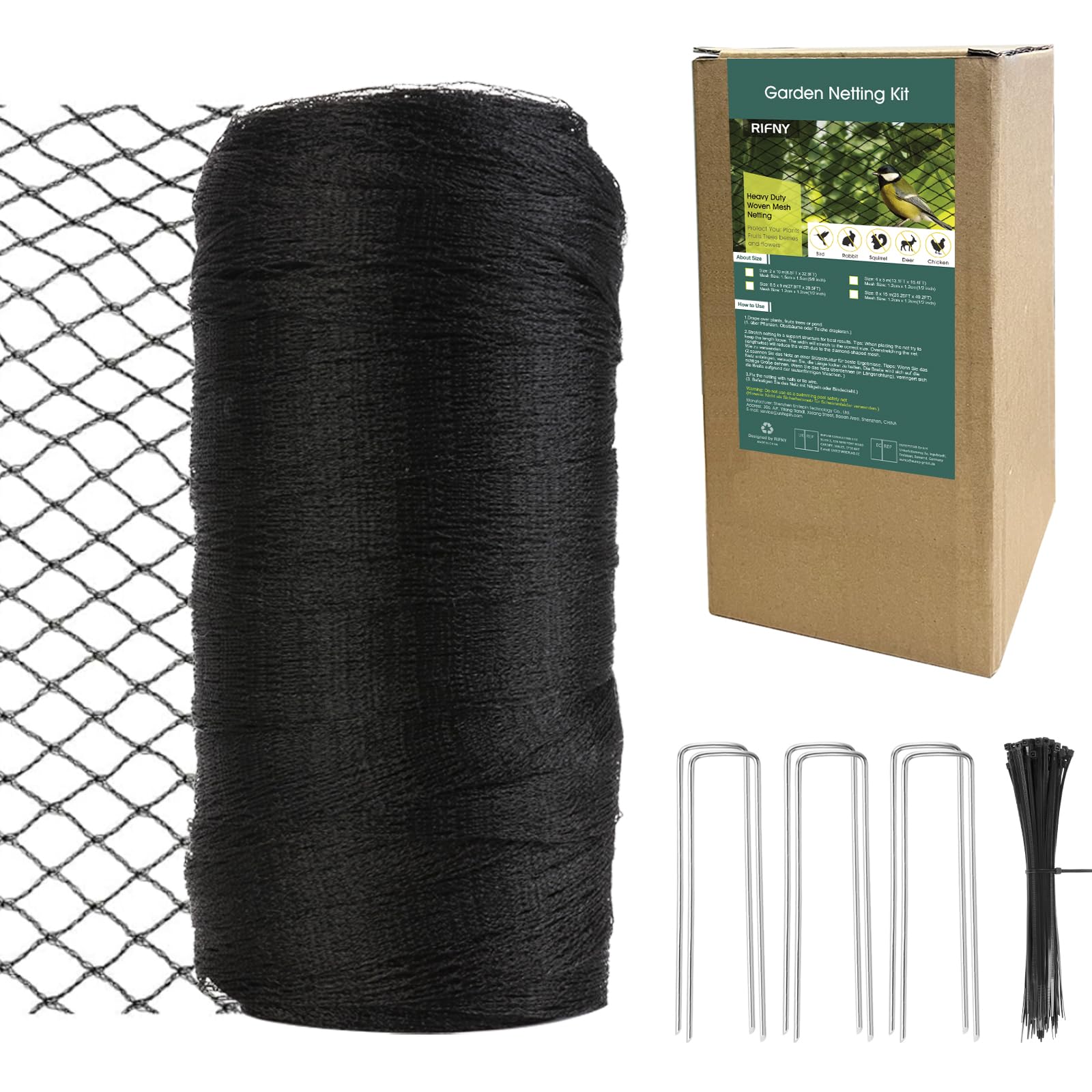 Garden Netting, RIFNY 4×5m Bird Netting for Garden Outdoor Patio Plants, Heavy Duty Moven Mesh with Ties and Staples Protected Fruit Trees Blueberry from Chickens Pond Leaf