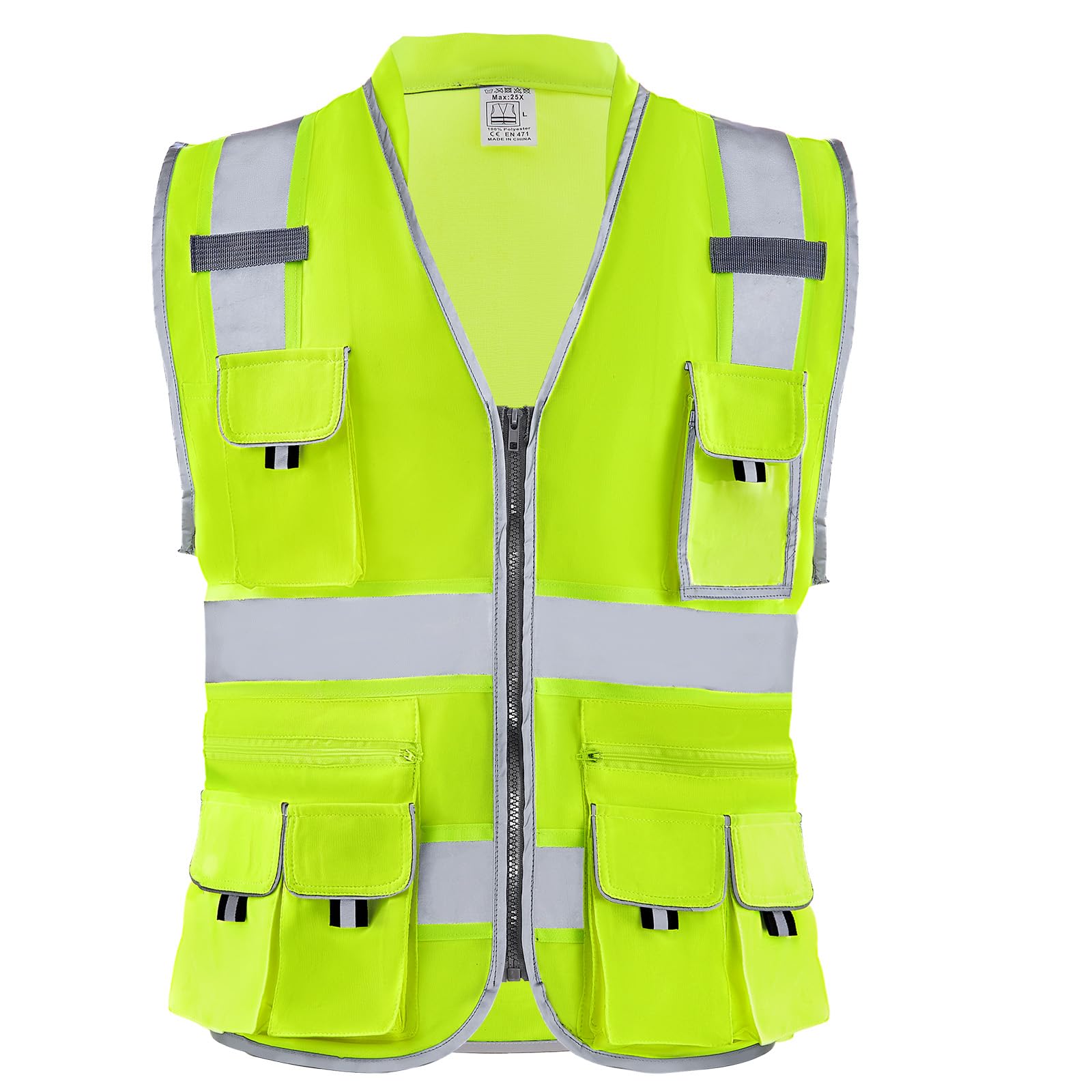 Happybuy Safety Vest, 10-Pocket Yellow Hi-Vis Safety Vest with Zipper Front & Reflective Strips, High Visibility Work Vest with Pockets & Walkie-Talkie Clip for Men & Women