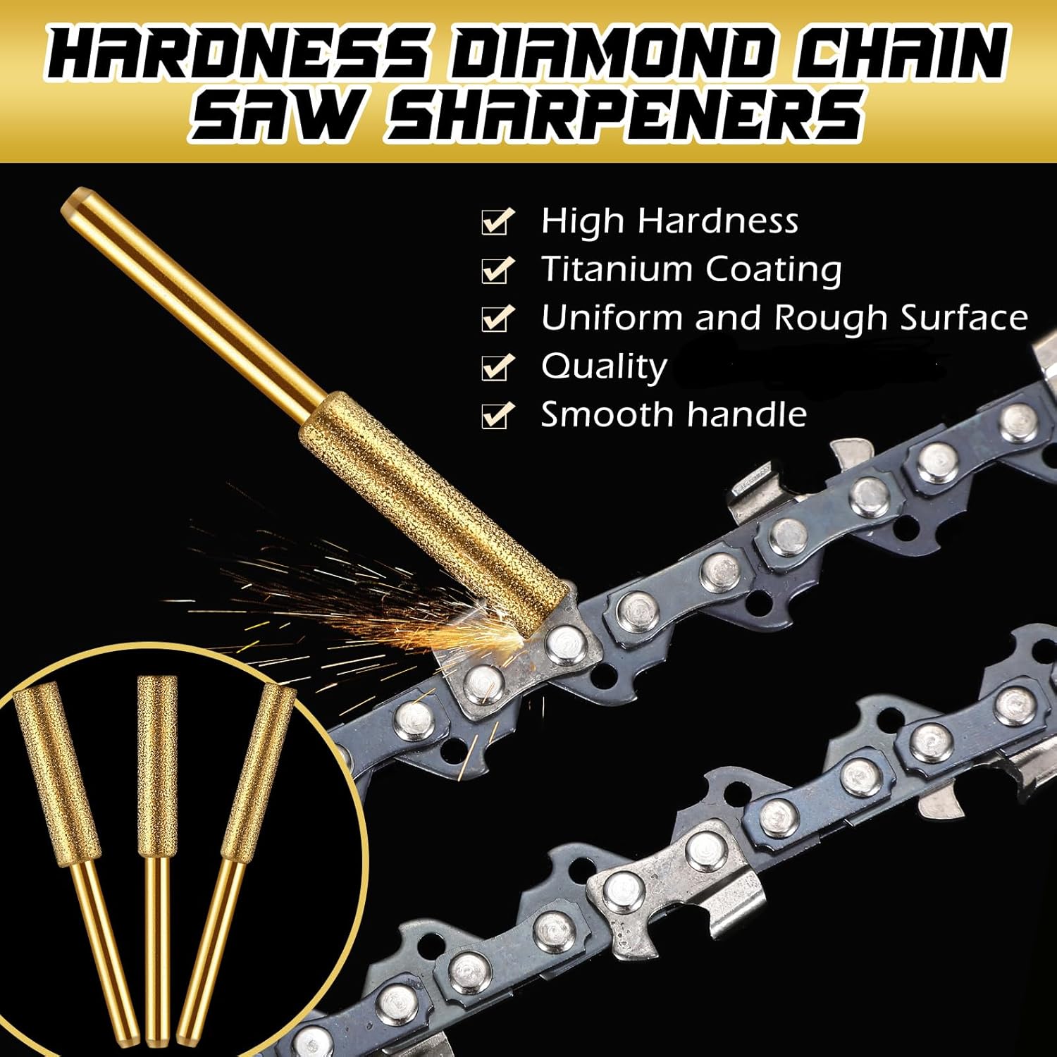 180 Pcs Diamond Chainsaw Sharpener Bits Titanium Plated Chainsaw Sharpener in 3 Size High Hardness Burr Grinding Tool Kit for Chain Jewelry Stone, 5/32", 3/16", 7/32"