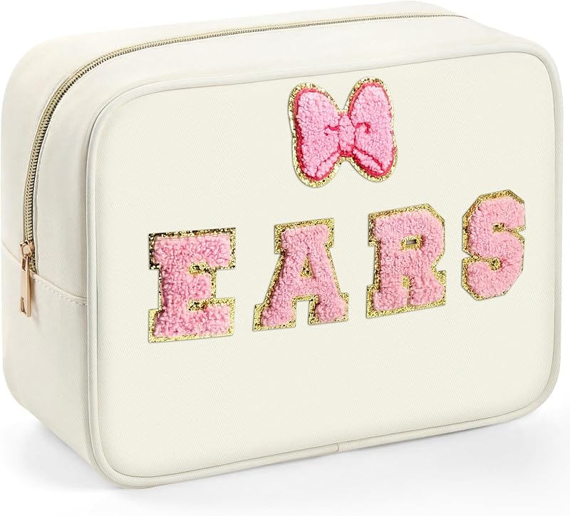 Necessaire organizadora Hillban em nylon, branca com estampa de letras rosa