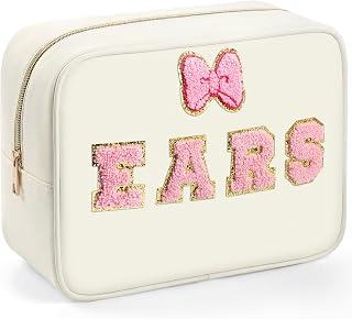 Hillban Ears Bag Headband Holder Nylon Travel Makeup, White, Pink Letter | Chenille Letter Bow Design, Hair Accessories Organizer, Large Capacity Storage Case for Theme Park Fans, Cute Gifts