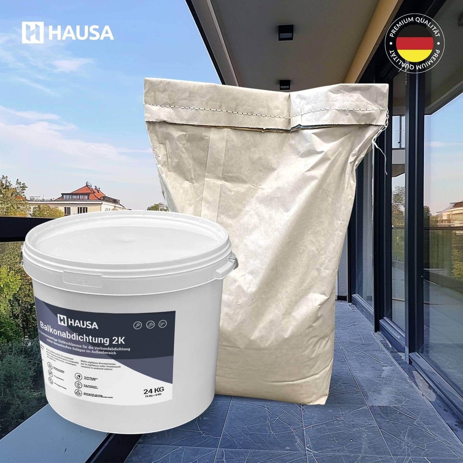 Hausa Balkonabdichtung 2K, 24kg flexible Dichtschlämme zur Abdichtung von Balkon, Terrasse, Bad, Dusche, Keller, Fundamente; Dichtungsmasse für Außenbereich, frost-, UV- und alterungsbeständig