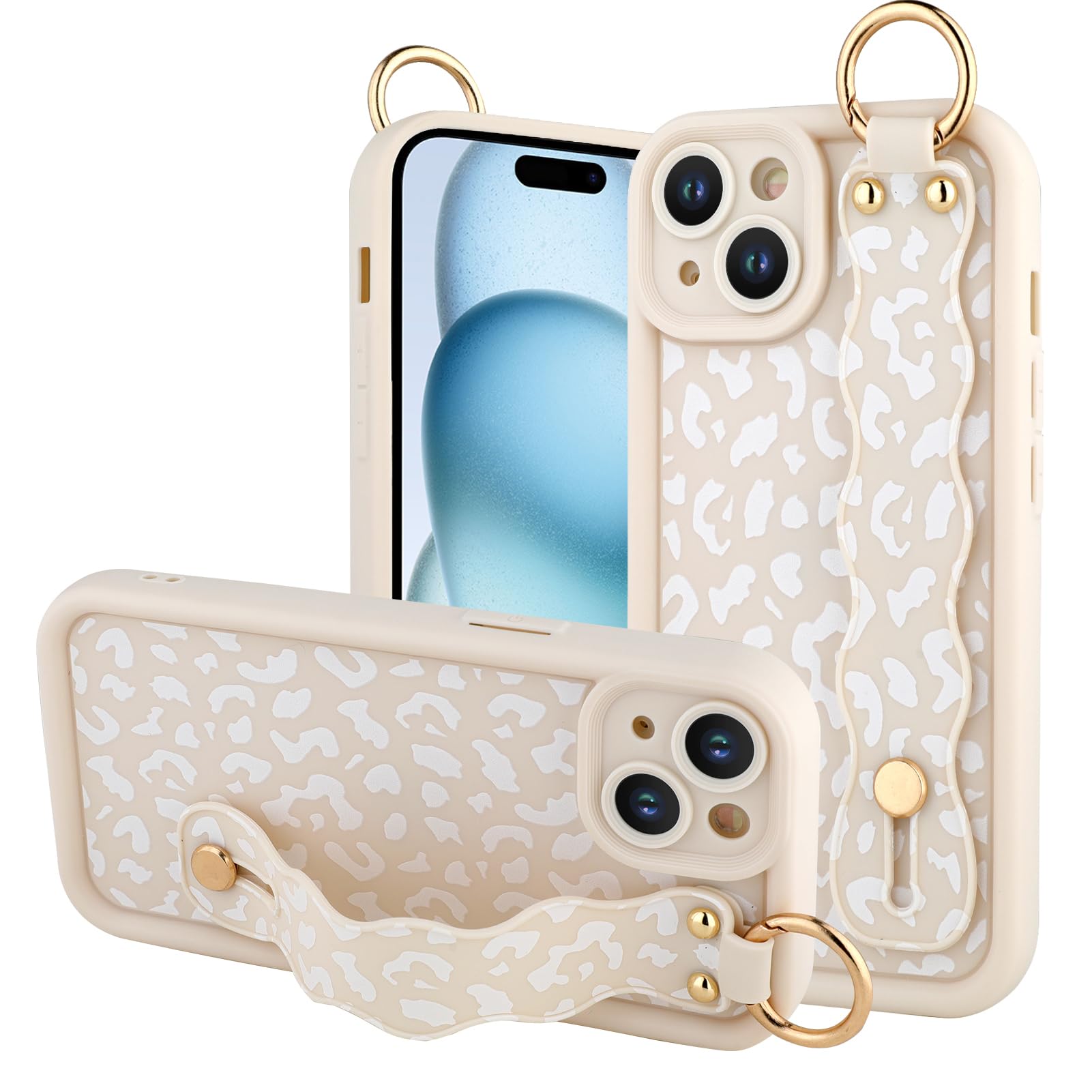 OOK Compatible with iPhone 15 Case with Wrist Stand for Women Girls, White Leopard Cheetah TPU Shockproof Protection Silm Silicone Kickstand Upgraded