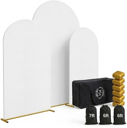 Metal Arch Backdrop Stand Set of 3 Gold with White Spandex Covers – 7.2ft/6ft/6ft Arches, Carrying Case and Bags, Water Weights for Wedding, Birthday, Party, and Baby Shower Decor